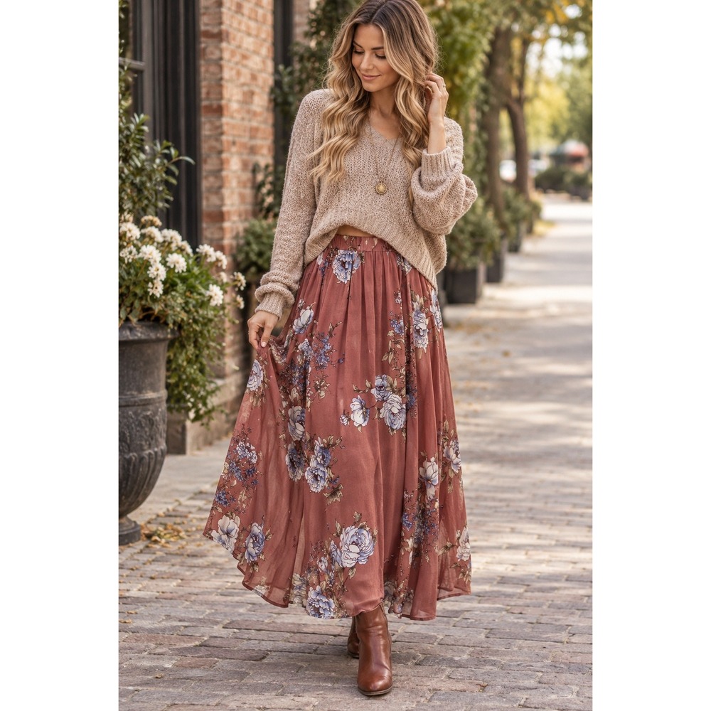 Windsor NWT Floral Maxi Skirt S Rust Boho Romantic Flowy Fall Cottagecore